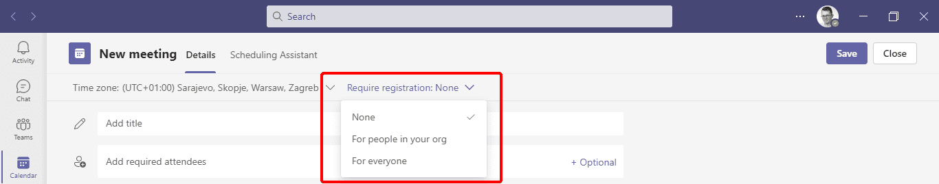 Registration option on meeting schedule window