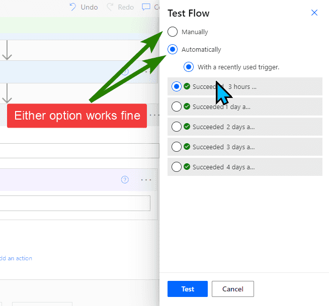 Choosing to run a test manually or automatically