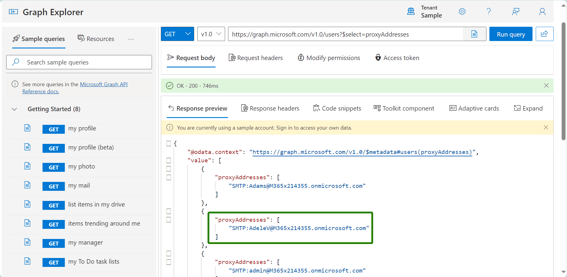 Graph request demonstrating format of proxyAddresses property