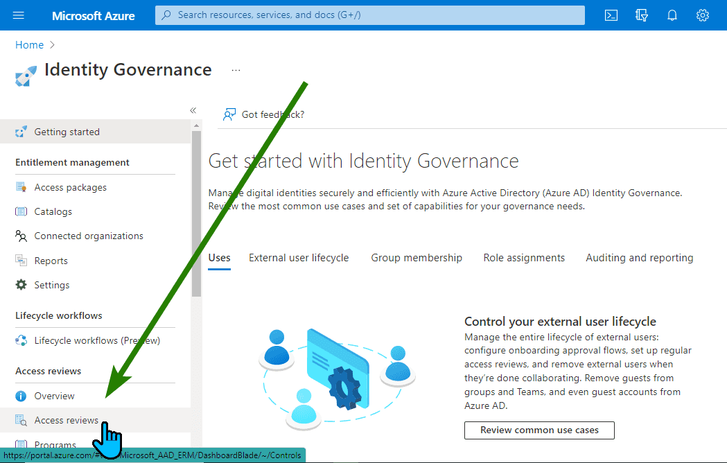 Accessing access reviews from the Identity Governance blade